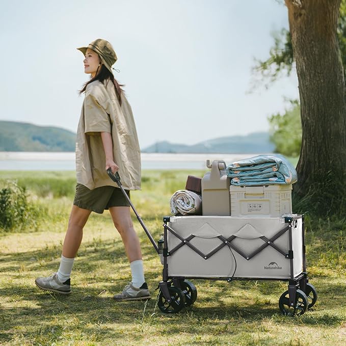 Naturehike Big Wheels Collapsible Wagon Cart, 300lbs Capacity Beach Wagons for Sand, Heavy Duty Foldable Cart with Brakes, Portable Utility Folding Garden Cart for Outdoor