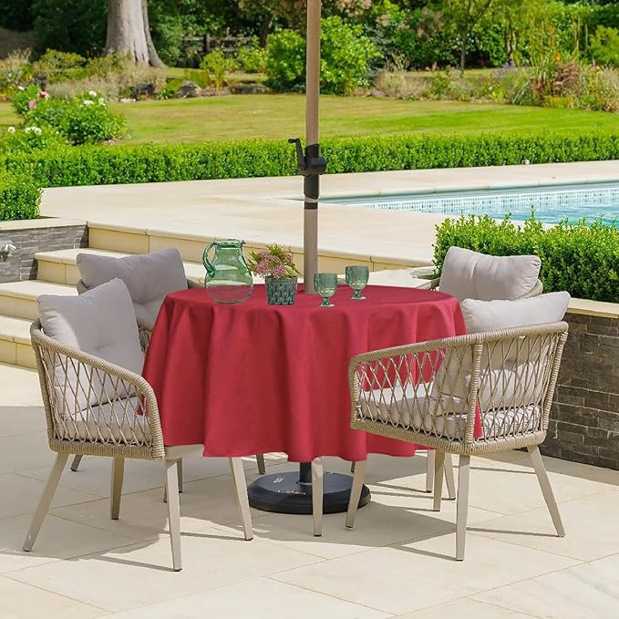 Outdoor Tablecloth Wrinkle-Free Stain Resistant Waterproof Polyester Fabric Table Cover with Zipper Umbrella Hole for Picnic/Party/Dinner/Patio Garden(70inch Round,Zippered,Red)