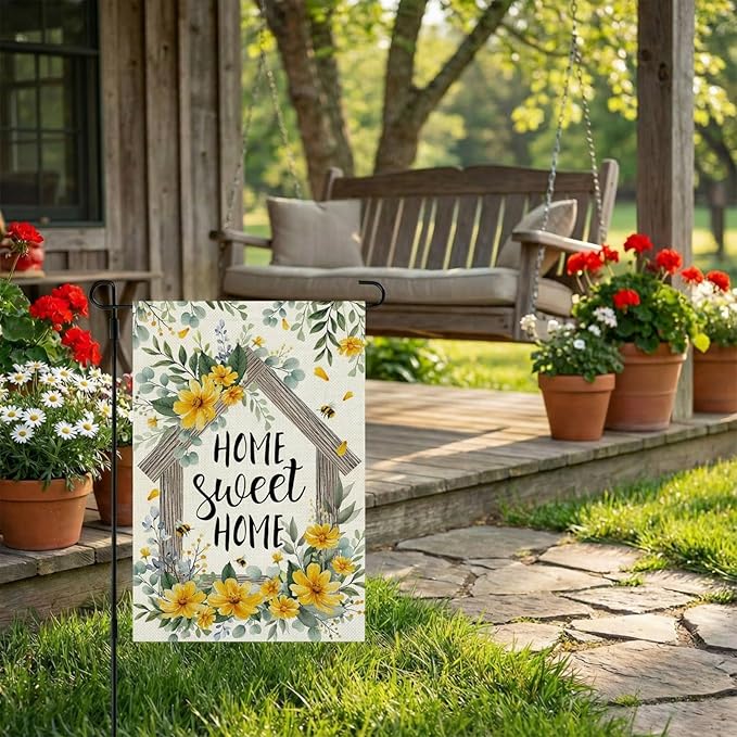 CROWNED BEAUTY Spring Home Sweet Home Garden Flag Eucalyptus Yellow Wildflowers Welcome 12x18 Inch Double Sided Small Floral Seasonal Holiday Decoration for Outdoor Lawn Yard
