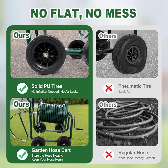 VINGLI 4-Wheel Garden Hose Reel Cart with Storage Basket, Portable Residential Hose Reel Cart, Lawn Watering, for Garden Backyard and Farm (Green)