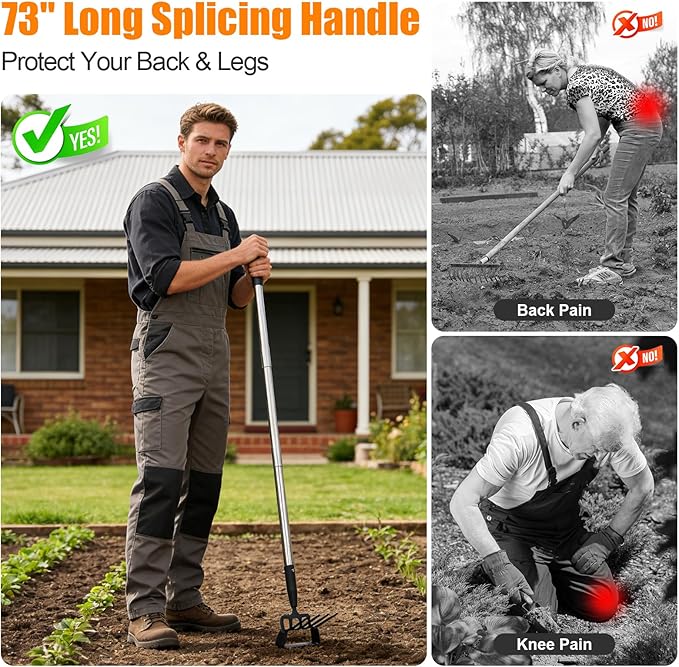 73 Inch Adjustable Long Handle Garden Hoe, 2-in-1 Heavy Duty Stirrup Hoe & Cultivator - Lightweight Weeding Rake for Fast Weed Removal, Loosening Soil & Cultivating, Stainless Steel