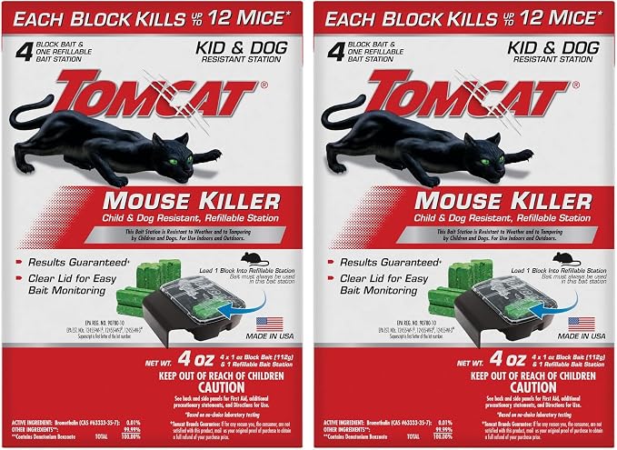 Tomcat Mouse Killer Child & Dog Resistant, Refillable Station for Indoor and Outdoor, 1 Station and 4 Poison Block Refills (Pack of 2)