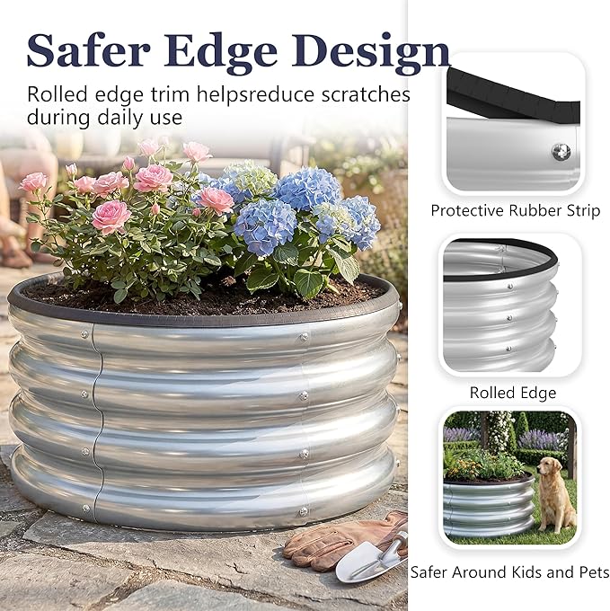 2 x 2 x 1 ft Round Metal Raised Garden Bed, Silver 2 Pack Heavy Duty Galvanized Steel Planter Box with Safety Edge Trim for Vegetables Flowers Herbs Outdoor Garden