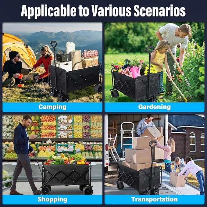 Collapsible Wagon Cart, 650lbs Capacity 300L Folding Utility Wagon with All-Terrain Wheels & Brakes, Heavy Duty Foldable Beach Cart for Groceries, Camping, Sports, Shopping – Black