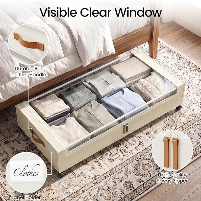 Yecaye 70L Large Under Bed Storage Containers with Wheels, 2 Pack, Beige
