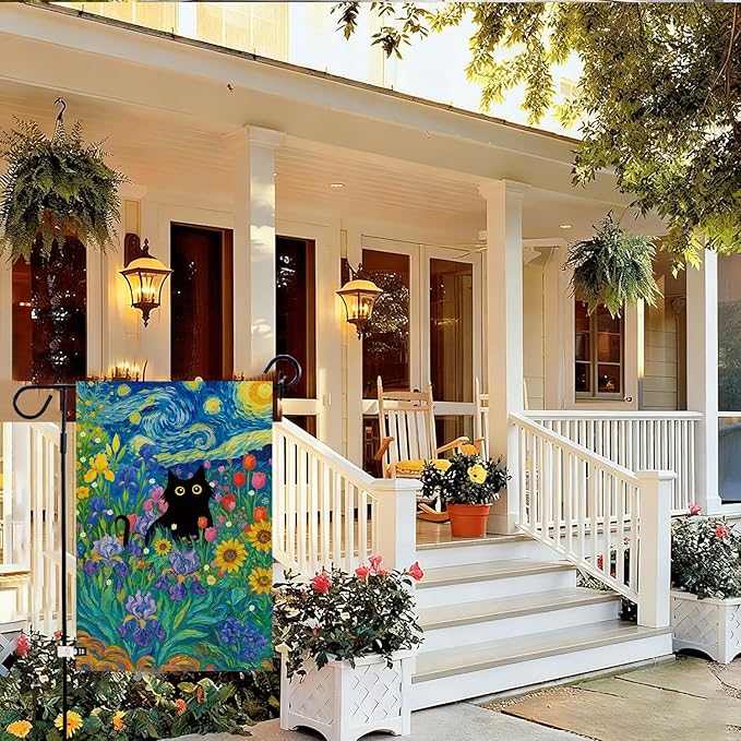 Baccessor Spring Summer Black Cat Garden Flag Double Sided 12.5 x 18 Inch Burlap with Clip and Stopper,Starry Night Flowers Flag Yard Lawn Seasonal Farmhouse Outside Outdoor Decoration