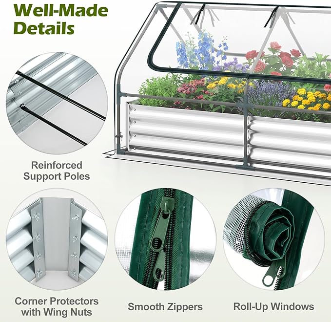 S AFSTAR Raised Garden Bed with Cover, 6FT x 3FT x 3FT Galvanized Bottomless Garden Bed with Greenhouse, Dual 2-Tier Roll-Up Windows, Easy Venting & Watering, Outdoor Metal Planter Box Kit with Cover
