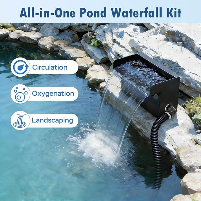 Pond Waterfall Spillway Kit, 12" Stainless Steel Spillway with Remote Control LED Lights, 660GPH Submersible Water Pump, Outdoor Waterfall Fountain for Water Feature, Garden, Backyard, Pool