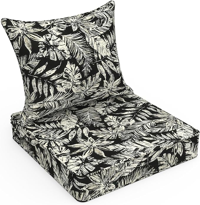 LVTXIII Outdoor Deep Seat Cushion Patio Seat and Back Cushion Set Seasonal Chair Cushion with Removable Cover and Adjustable Buckle for Home and Garden, 22"x22"x4", Tropical Leaf Black
