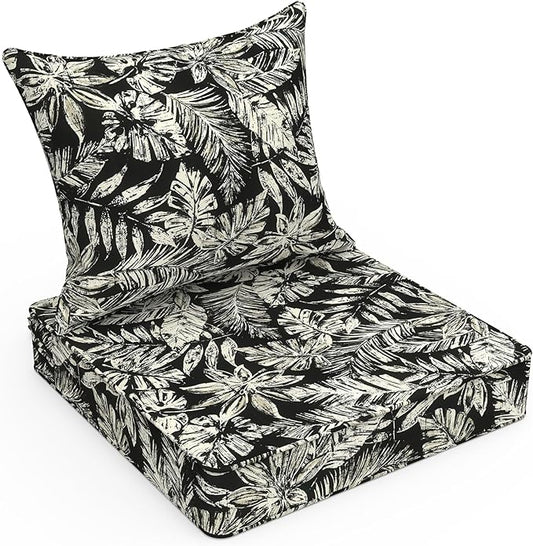LVTXIII Outdoor Deep Seat Cushion Patio Seat and Back Cushion Set Seasonal Chair Cushion with Removable Cover and Adjustable Buckle for Home and Garden, 22"x22"x4", Tropical Leaf Black