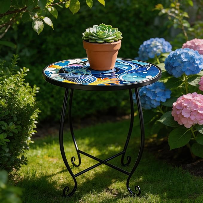 15 Inch Jellyfish Mosaic Side Tables (Set of 2) - Small Outdoor Round Folding Tables with Weather-Resistant Metal Frame, Coastal Accent End Table for Patio, Balcony, Garden
