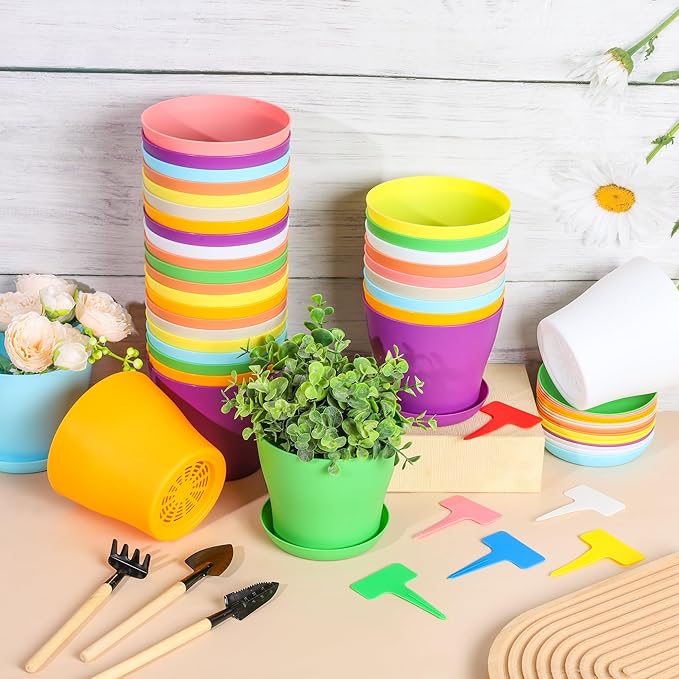Hahood 48 Pack Plastic Planters 5.5 Inch Flower Plant Pots Indoor Set Thickened Seedling Nursery Pots Seed Starting Pots with Drainage Holes Saucers Mini Garden Tool for Home Office Garden, Multicolor