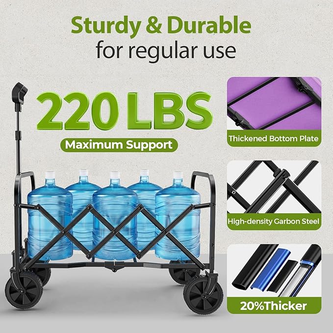 Purple Collapsible Wagon Cart, Lightweight Folding Utility Cart with Wheels, 220lbs Capacity Portable Grocery Cart for Sporting Events, Garden, Shopping (Purple)