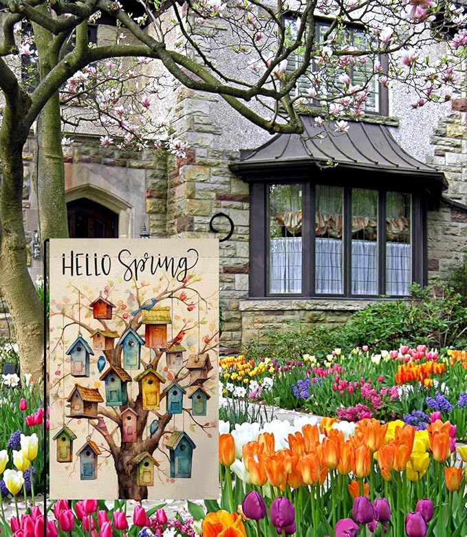 BLKWHT Spring Bird Garden Flag 12x18 Vertical Double Sided Floral Tree Farmhouse Holiday Outside Decorations Burlap Yard Flag BW578