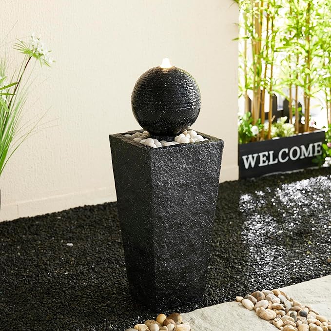 Glitzhome Outdoor Water Fountain, 31.75"H Modern Geometric Pedestal and Sphere Polyresin Waterfall Fountain, Outdoor Fountain with Pebbles, Pump and LED Light for Patio, Backyard, Garden, Deck(Black)