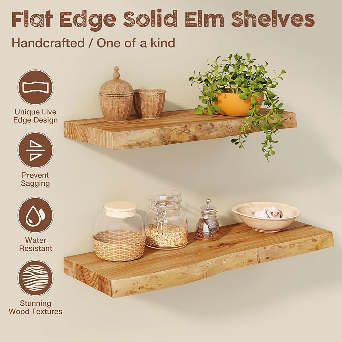 fuqing Live Edge Floating Shelves for Wall, 72 Inch Solid Elm Wood Shelves