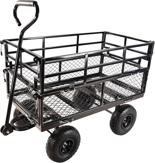 Steel Garden Cart 400 lbs Capacity Heavy Duty Garden Wagons,with Removable Steel Mesh Sides to Convert into Flatbed,Utility Metal Wagon w/ 180°Rotating Handle (Black-Pneumatic-Double Height)