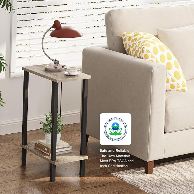 TUTOTAK Narrow Side Table, 2-Tier Small End Table for Couch | Skinny Sofa Table, Slim Nightstand, Easy Assembly for Living Room, Bedroom, Greige TB01BG062