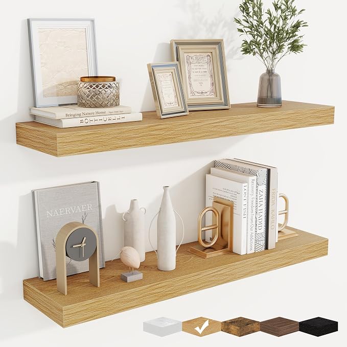 Floating Shelves for Wall, Wall Mounted Wood Shelves, Oak, Set of 2, 32in | Wood Floating Shelf with Invisible Brackets for Living Room, Bathroom, Bedroom, Kitchen, Hanging Shelf for Storage and Decor