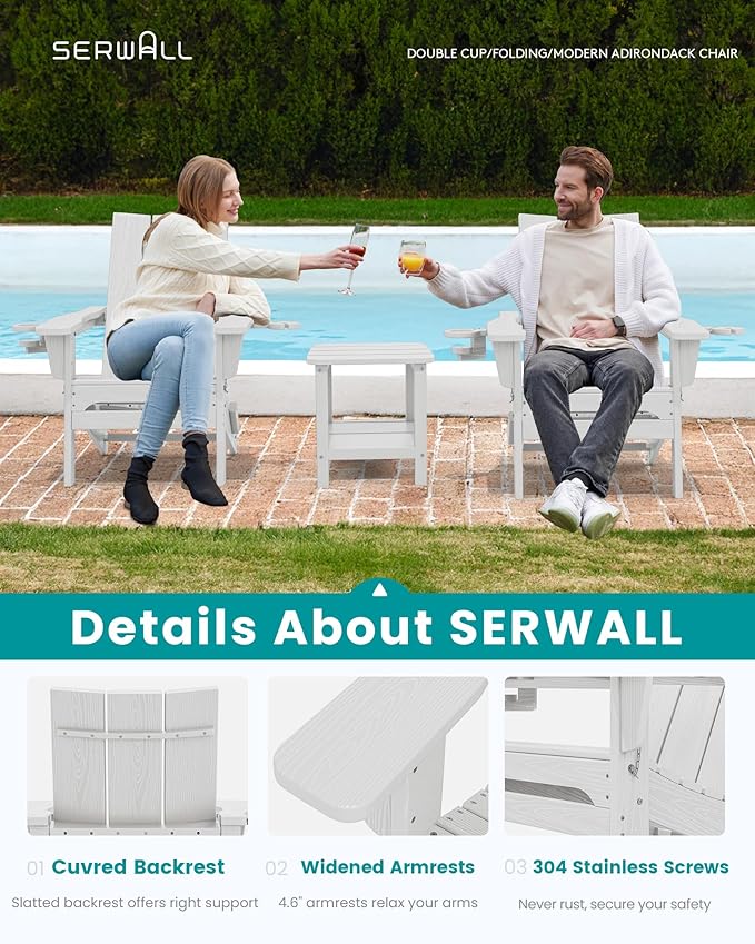 SERWALL Modern Folding Adirondack Chair Set of 2, All Weather Resistant Outdoor Adirondack Chair with Cup Holders, HDPE Adirondack Chair for Patio Lawn Garden, White