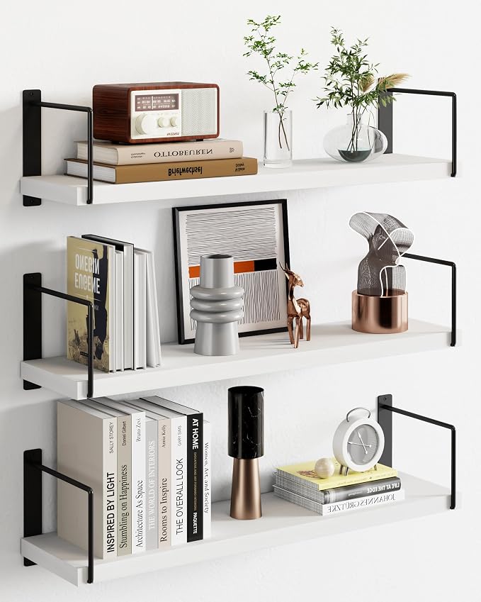 Floating Shelves, 24 In Bookshelves for Room Wall, Shelves on Wall (White) | Wall Shelves, Easy to Install Wall Mounted Shelves, Set of 3, Rustic Wood Shelves for Wall Decor, Hanging Shelves