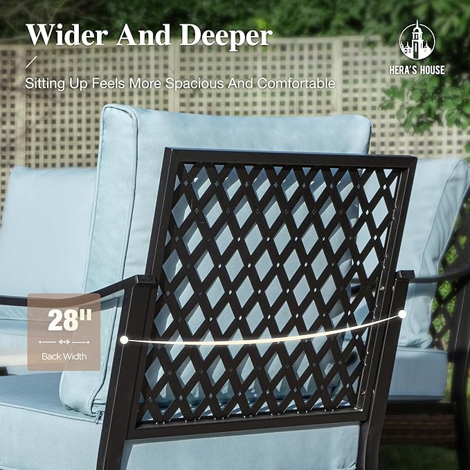 HERA'S HOUSE Patio Chairs Set of 2, High Back Outdoor Dining Chairs with Thick Cushions, All Weather Metal Frame Furniture for Garden, Backyard, Deck, Blue