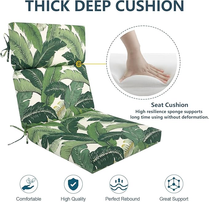DYTXIII Outdoor High Back Chair Cushions Set of 2, 44"x22" Water Repellent Patio Seat Cushions with Elastic Sponge, All Weather Chair Pads for Rocking, Dining, Patio Furniture - Swaying Palms Green