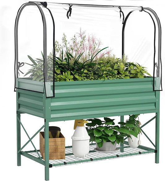 Outsunny Raised Garden Bed with Cover and Storage Shelf, Rectangular Metal Elevated Planter Box with Legs and Bed Liner for Vegetables, Flowers, Herbs, Green