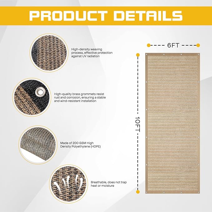 6'x 10' Pergola Shade Cover, Sand Outdoor Sun Shade Cloth with Grommets UV Block Privacy Screen for Patio, Garden, Backyard