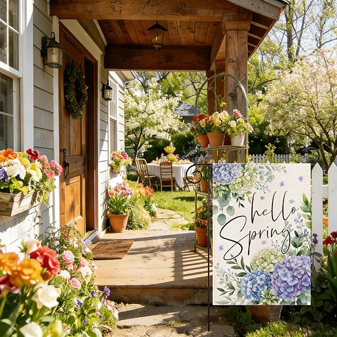 GEEORY Hello Spring Hydrangea Eucalyptus Garden Flag 12x18 Inch, Double Sided Spring Summer Decor, Farmhouse Rustic Outdoor Floral Flag Outside Yard Lawn Decoration