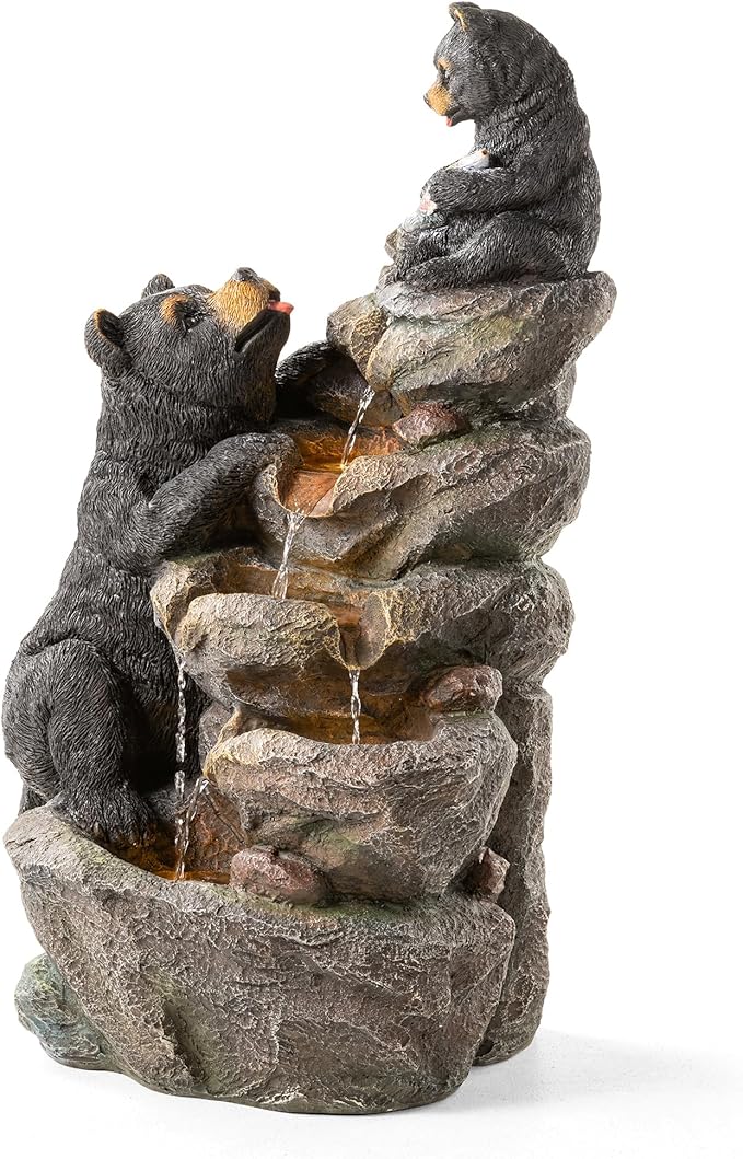 Glitzhome Water Fountain Outdoor, Outdoor Fountain with Lights & Pump, 30.5" H 4-Tiered Mom and Baby Bear Polyresin Cascading Waterfall Floor Standing Water Feature for Garden, Patio, Yard, Deck