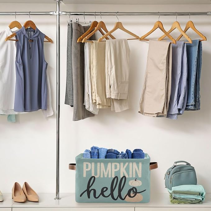 Hello Fall Pumpkin Turquoise Storage Basket with Waterproof Liner and PU Handles Autumn Aqua Blue Storage Bins Boxes 14.2" Collapsible Decorative Organizer Baskets for Bedroom Closet Office 1 Pack