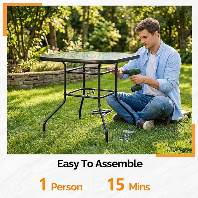 VINGLI Glass Patio Table with Umbrella Hole, 32" Square Outdoor Dining Table Steel Tempered Glass Patio Tables Outdoor Tables for Balcony Garden Deck