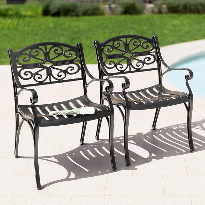 NUU GARDEN Patio Dining Chairs Set of 2, Cast Aluminum Outdoor Chairs with Armrests, Bistro Patio Chairs for Garden Lawn Porch Backyard Poolside, Black with Gold Painted Edges