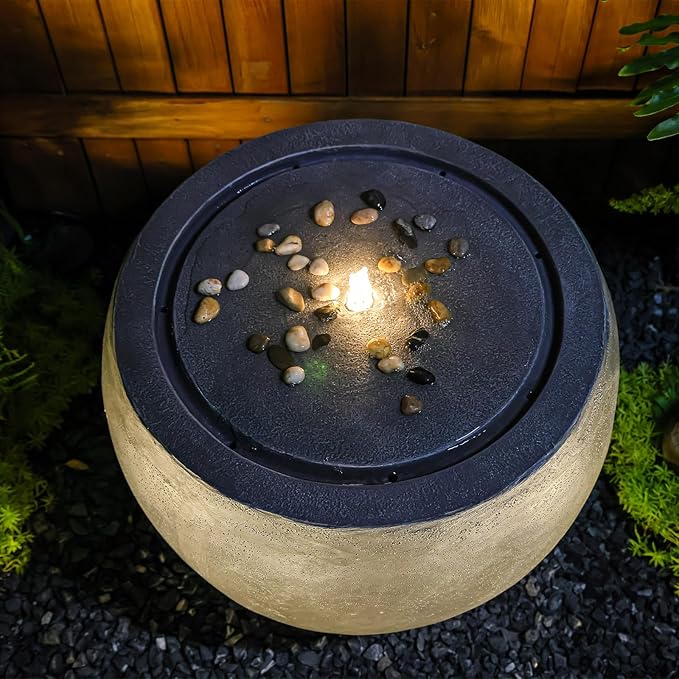 Tankana Garden Water Fountain Outdoor Large Round Bubbler Water Feature Indoor with Lights & Pump and Pebbles Concrete Effect for Patio Pool Pond Yard Home Decor Gray, 25 "L X 25" W X 17.5" H