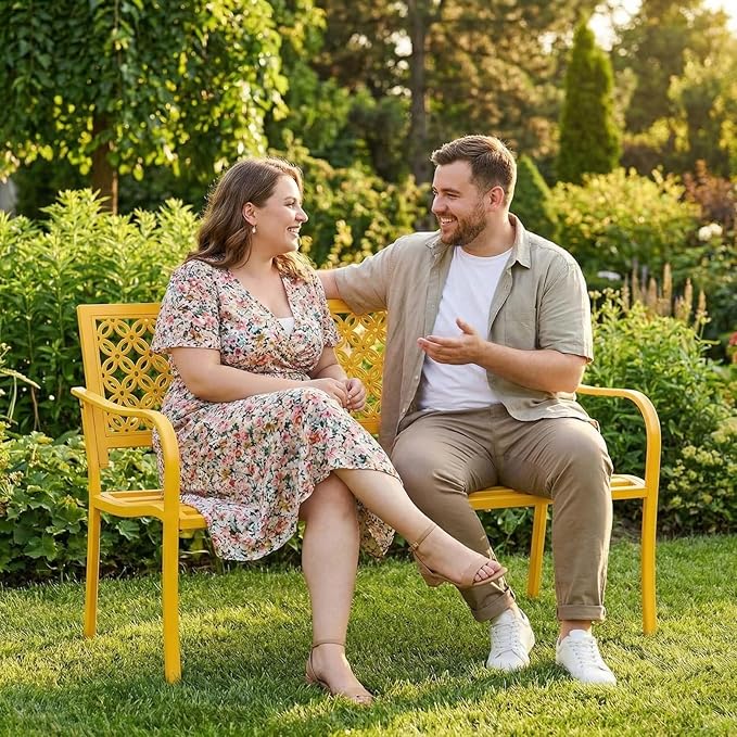 50" Outdoor Bench Weatherproof, 700 lbs Capacity Heavy Duty Garden Benches with Galvanized Metal Frame, Patio Bench with Floral Backrest, Patio Furniture for Porch, Park, Yard, Entryway, Yellow