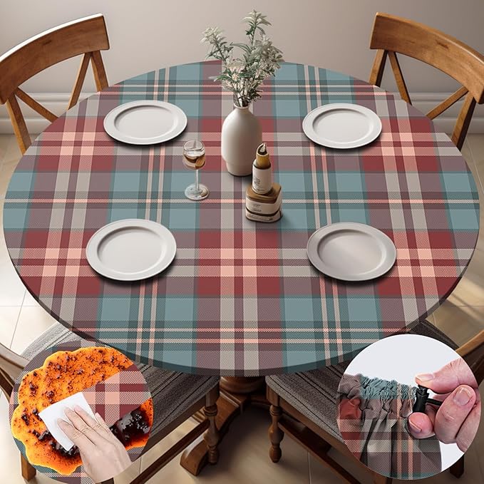 Fitted Round Tablecloth Waterproof Table Cloth Vinyl Indoor Outdoor Circle Cover for 36-44" Tables Dining Kitchen Apartment Home Party Gear Gifts Summer Fall Patio Picnic Camping Essentials