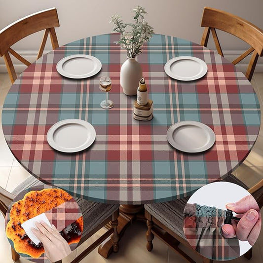 Fitted Round Tablecloth Waterproof Table Cloth Vinyl Indoor Outdoor Circle Cover for 36-44" Tables Dining Kitchen Apartment Home Party Gear Gifts Summer Fall Patio Picnic Camping Essentials