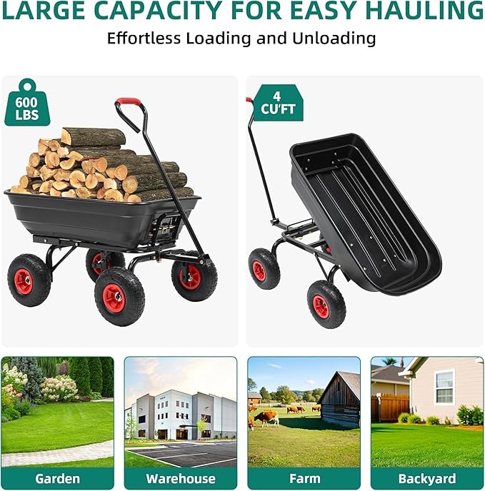 600lbs Garden Dump Cart, 4 Cu.Ft Heavy Duty Wagon Cart with 10" All Terrain Wheels, Steel Frame & Quick Release, Utility Wagon Carts for Yard, Farm and Garden(Black)