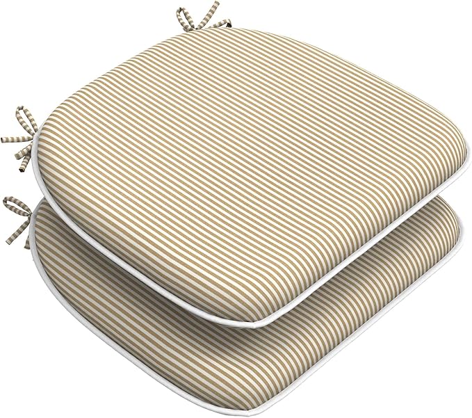 DYTXIII Set of 2 Outdoor Chair Cushions with Ties,Water Repellent Patio Chair Pads 17"x 16" for Outdoor Furniture,Round Corner Seat Cushions for Garden Yard Kitchen Stripe Beige
