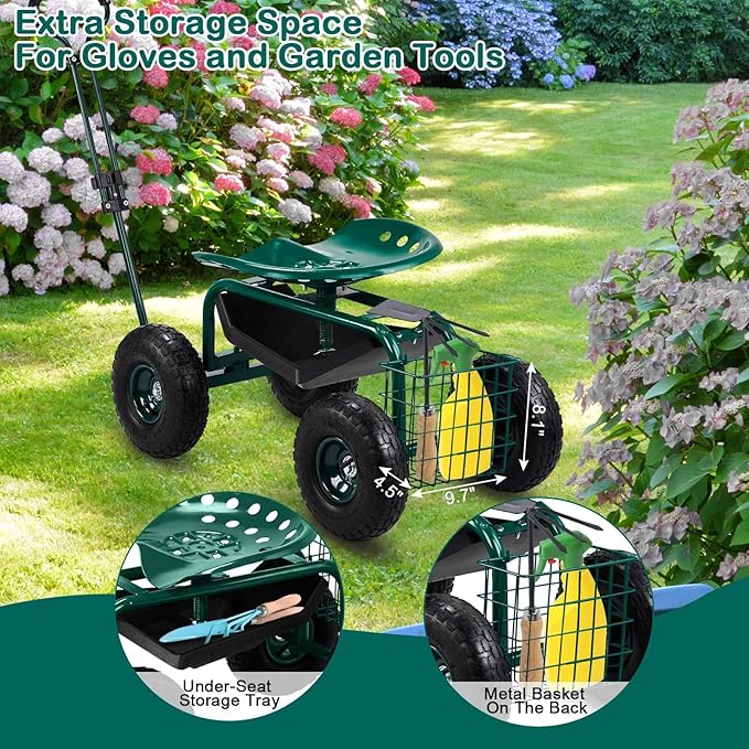VINGLI Garden Cart, Garden Seat with 360°Swivel Chair, Storage Tool Tray & Steering Handle, Garden Stool with Wheels for Gardening, Patio, Yard, and Outdoor Work (Green)
