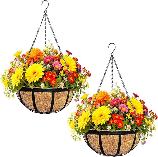 2 Pack 12 Inch Metal Outdoor Hanging Baskets Black Heavy Duty Hanging Planters with Coco Liners for Indoor Outdoor Plants Gardens Patios Terraces（Flat Iron）