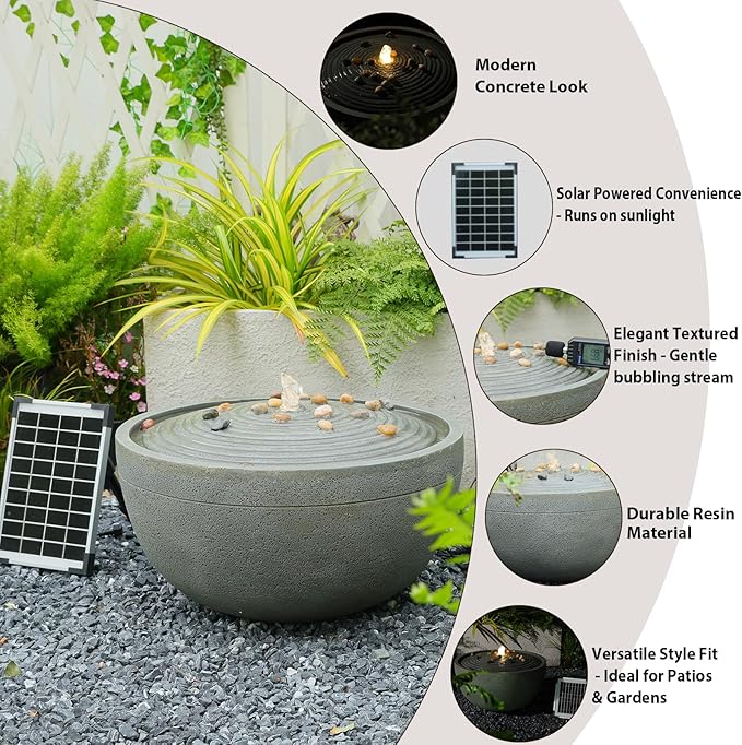 Tankana Solar Water Fountain Outdoor Garden Bubbler Water Feature Outdoor Fountains Solar Powered with Pebbles for Patio Deck Yard Home Decor Gray, 20 "L X 20" W X 11.5" H