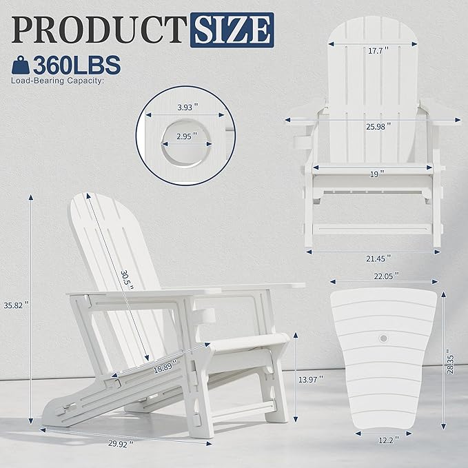 Vongrasig Adirondack Chairs Set of 2 with Removable Tabletop, Outdoor HDPE Plastic Fire Pit Chair Set with Wooden Textured, Cup Holder for Patio, Poolside, Deck, Garden, White, 3 Pieces