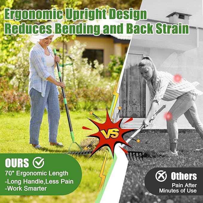 Thatch Rake for Lawn,13" Wide Heavy Duty Steel Dethatcher Rake with 55" Long Handle for Cleaning Dead Grass,Manual Thatching Rake for Cleaning Dead Grass,Loosening Soil,Lawn Care Yard&Garden