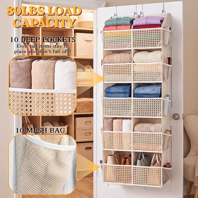 Over The Door Organizer 5 Tiers, Extra Large Behind Door Storage of 10 Compartments, 80 lbs Weight Capacity Hanging Storage Organizer with Clear Window Kids Toys, Shoes,Diapers, Braided Style