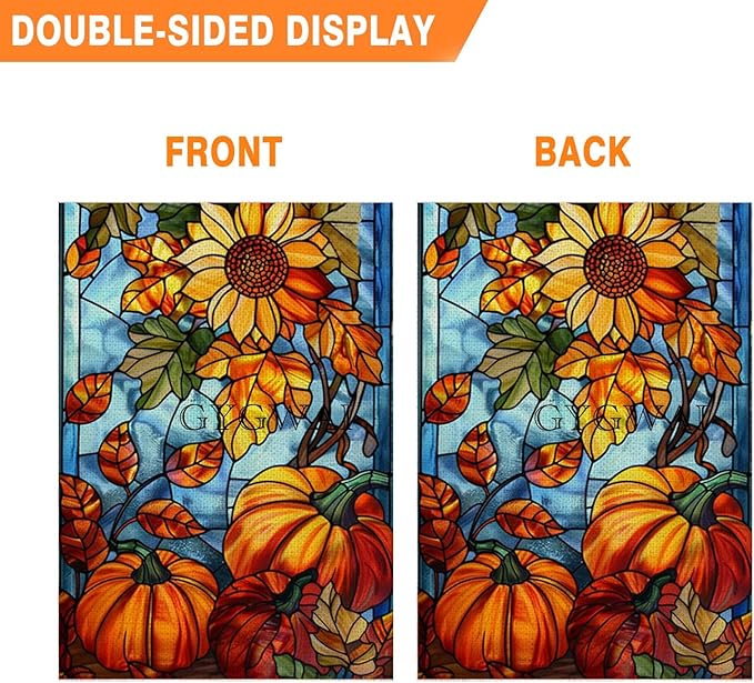 Fall Garden Flag 12x18 Inch Double Sided, Stained Glass Small Burlap Autumn Pumpkins Sunflowers Seasonal Yard Decoration for Outside