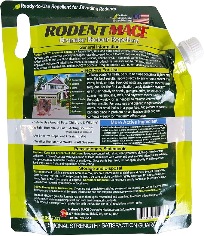 Nature's MACE Rodent Mace Repellent 2.5 lb Granules | Covers 440 Sq. Ft., Repel Mice & Rats, Keep Out of Home, Garage, Attic, and Crawl Space, Stop Damage, Safe Around Kids.