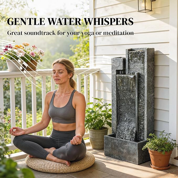 Outsunny 40" Tall Outdoor Waterfall Fountain with LED Lights and Planter, 3-Tier Cascading Waterfall Feature with Pump, Resin Freestanding Garden Fountain for Patio Balcony Garden, Dark Gray