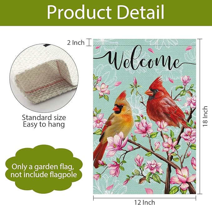 Cardinal Bird Welcome Spring Garden Flag, 12x18 Vertical Double Sided Burlap Tree Flower Spring Flag for Outside Farmhouse Yard Decorations